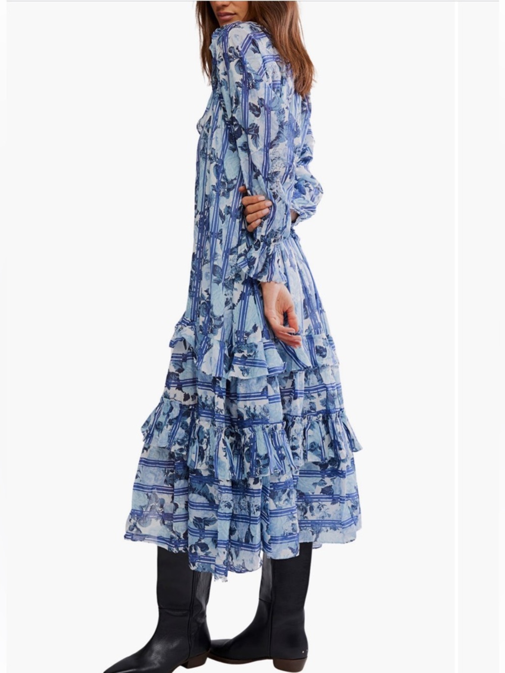 Free People Blue and White Floral Long Sleeve Dress
